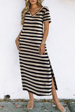 Striped V-Neck Short Sleeve Side Slit Dress