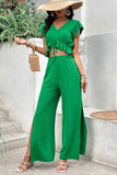 V-Neck Ruffle Hem Top and Slit Pants Set