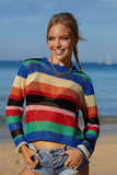 Rainbow Stripe Openwork Long Sleeve Cover-Up