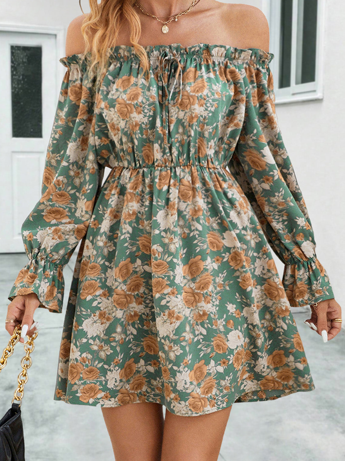 Floral Off-Shoulder Flounce Sleeve Dress