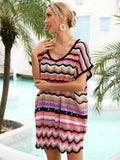 Rainbow Stripe Scalloped V-Neck Cover-Up Dress