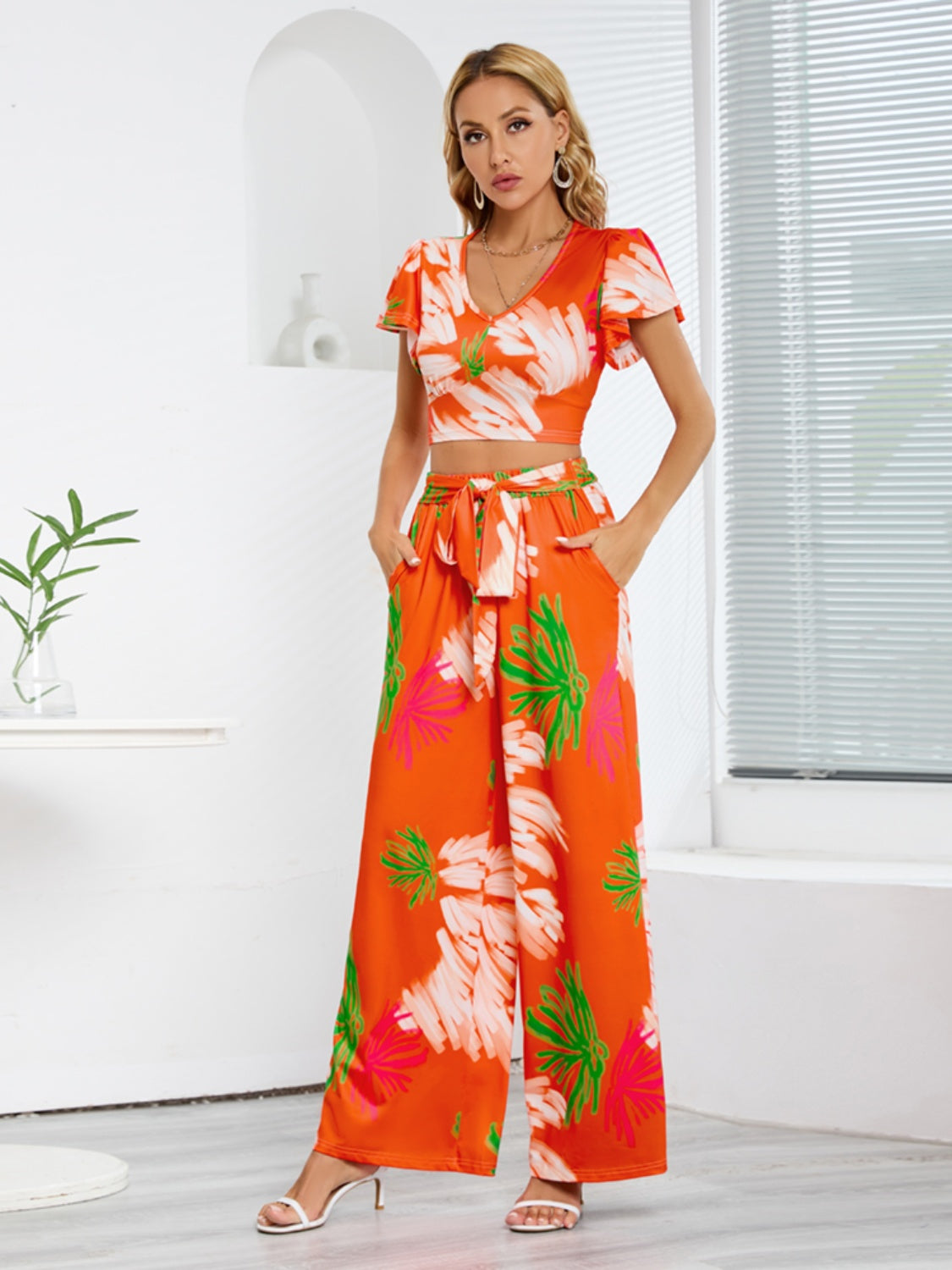 Printed V-Neck Top and Tied Pants Set