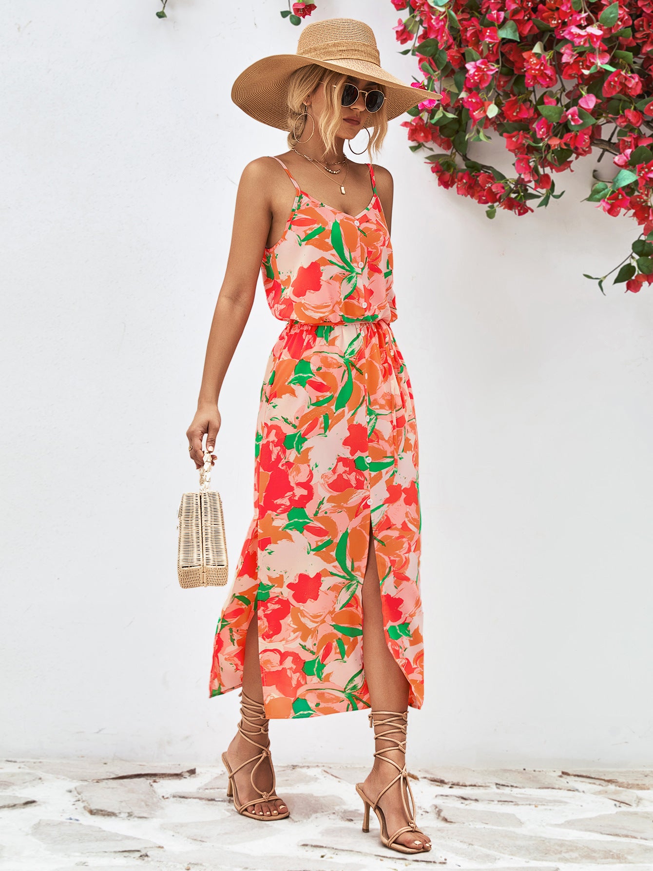 Printed Spaghetti Strap Front Slit Dress