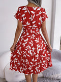 Printed Round Neck Short Sleeve Pleated Dress