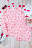 Heart Print Round Neck Top and Shorts Lounge Set