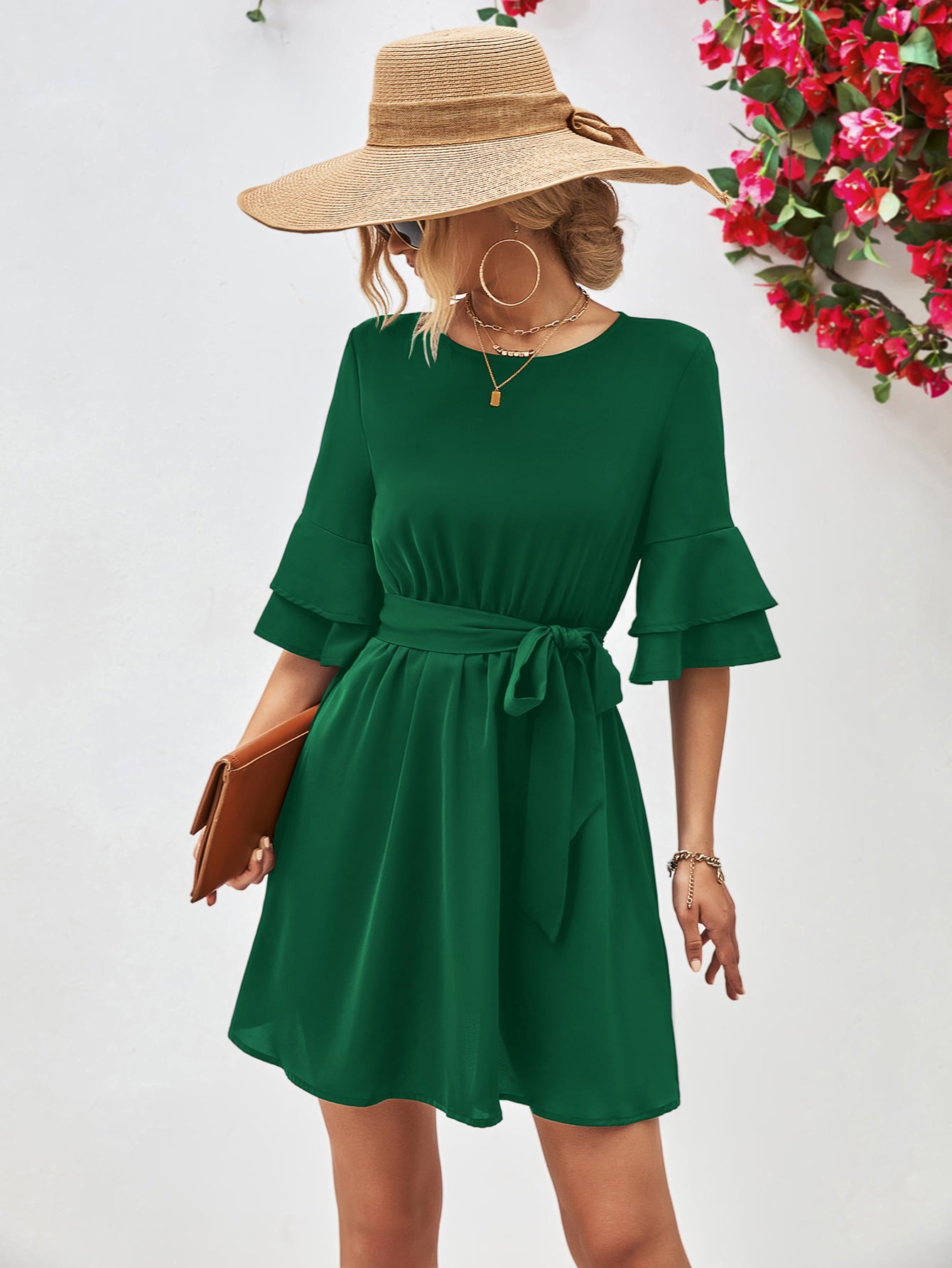 Round Neck Tie Belt Flounce Sleeve Dress