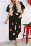 Heart Sequin Short Sleeve Top and Drawstring Pants Lounge Set