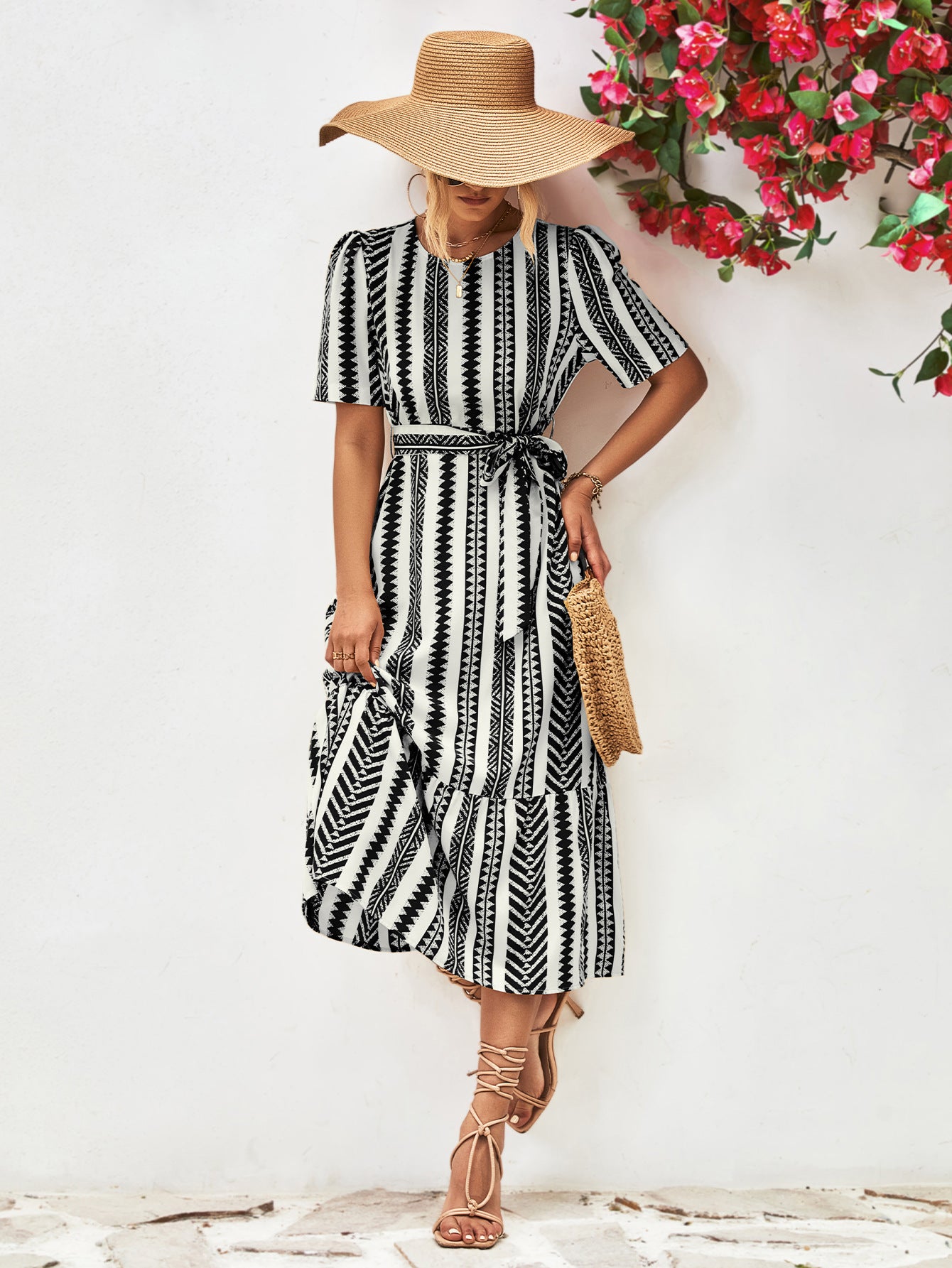 Striped Tie Belt Round Neck Puff Sleeve Dress