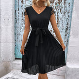 V-Neck Tie Belt Pleated Dress