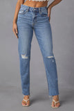 Distressed Raw Hem Straight Jeans with Pockets