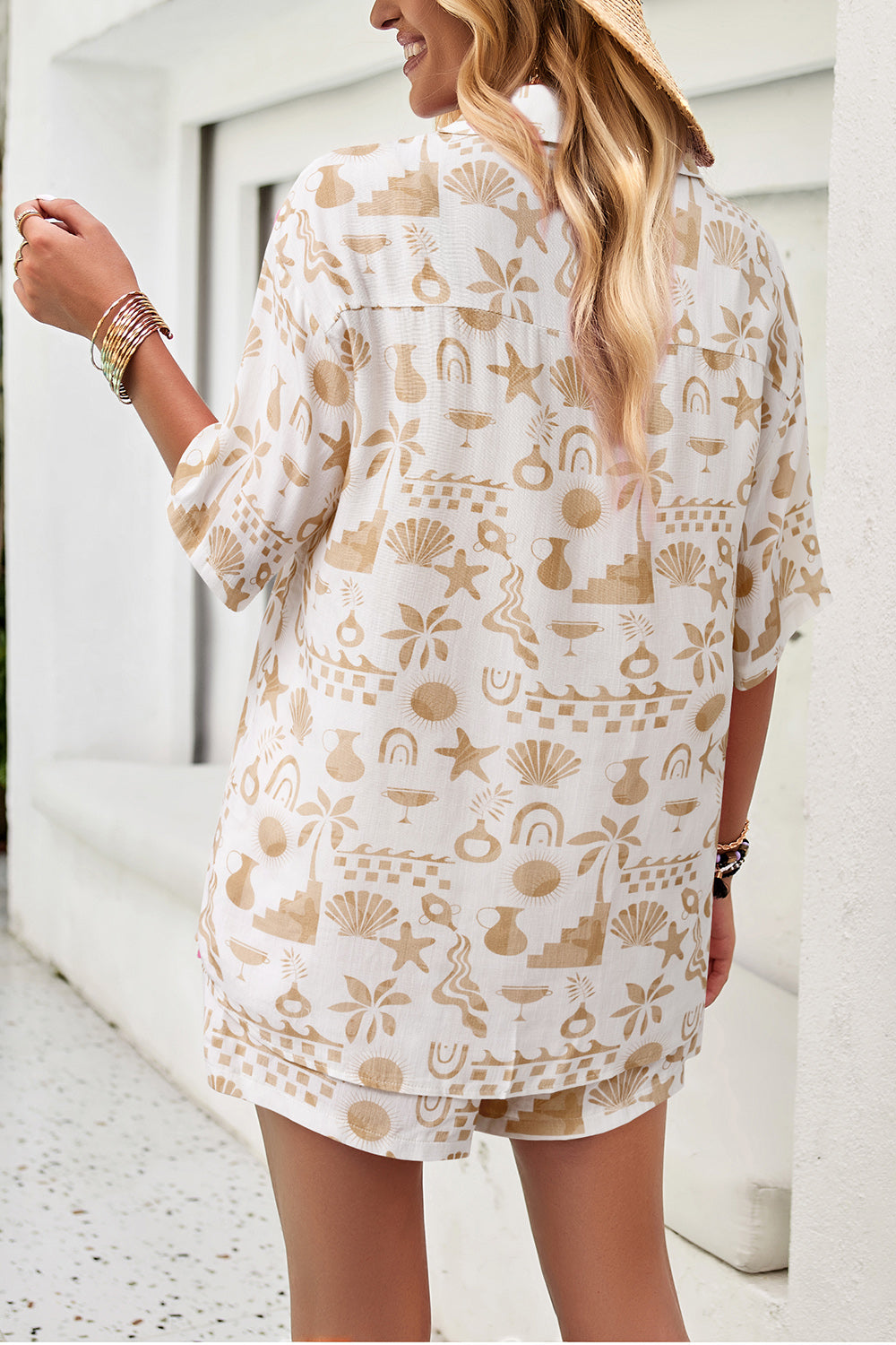 Printed Button Up Shirt and Shorts Set