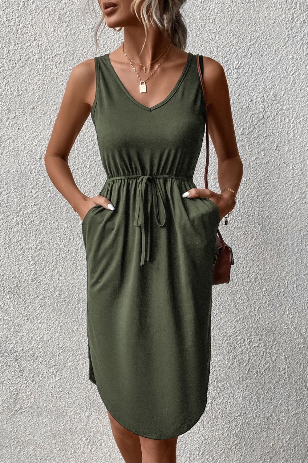 V-Neck Curved Hem Sleeveless Dress