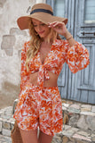 Printed Long Sleeve Cropped Top and Shorts Set