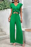 V-Neck Ruffle Hem Top and Slit Pants Set