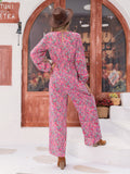 Printed Ruffled V-Neck Balloon Sleeve Jumpsuit