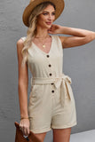 Button Front Belted Sleeveless Romper