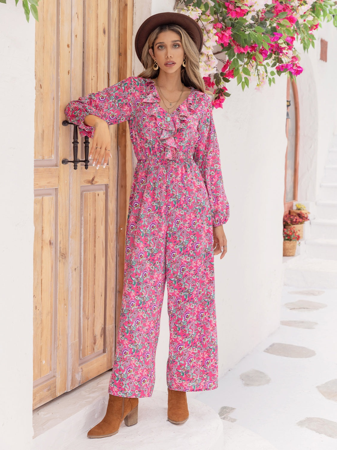 Printed Ruffled V-Neck Balloon Sleeve Jumpsuit