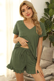 V-Neck Short Sleeve Top and Drawstring Shorts Lounge Set