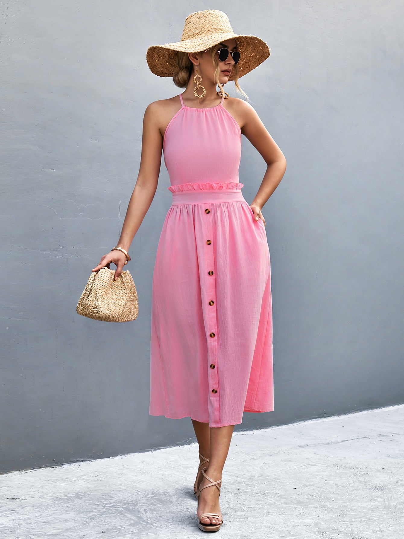 Buttoned Halter Neck Frill Trim Midi Dress