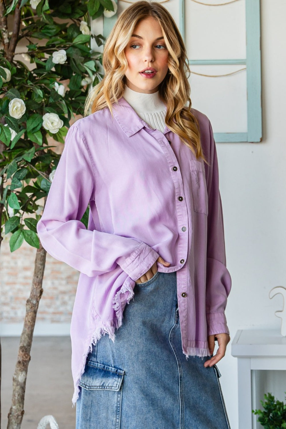 Veveret Raw Hem Button Up Long Sleeve Shirt