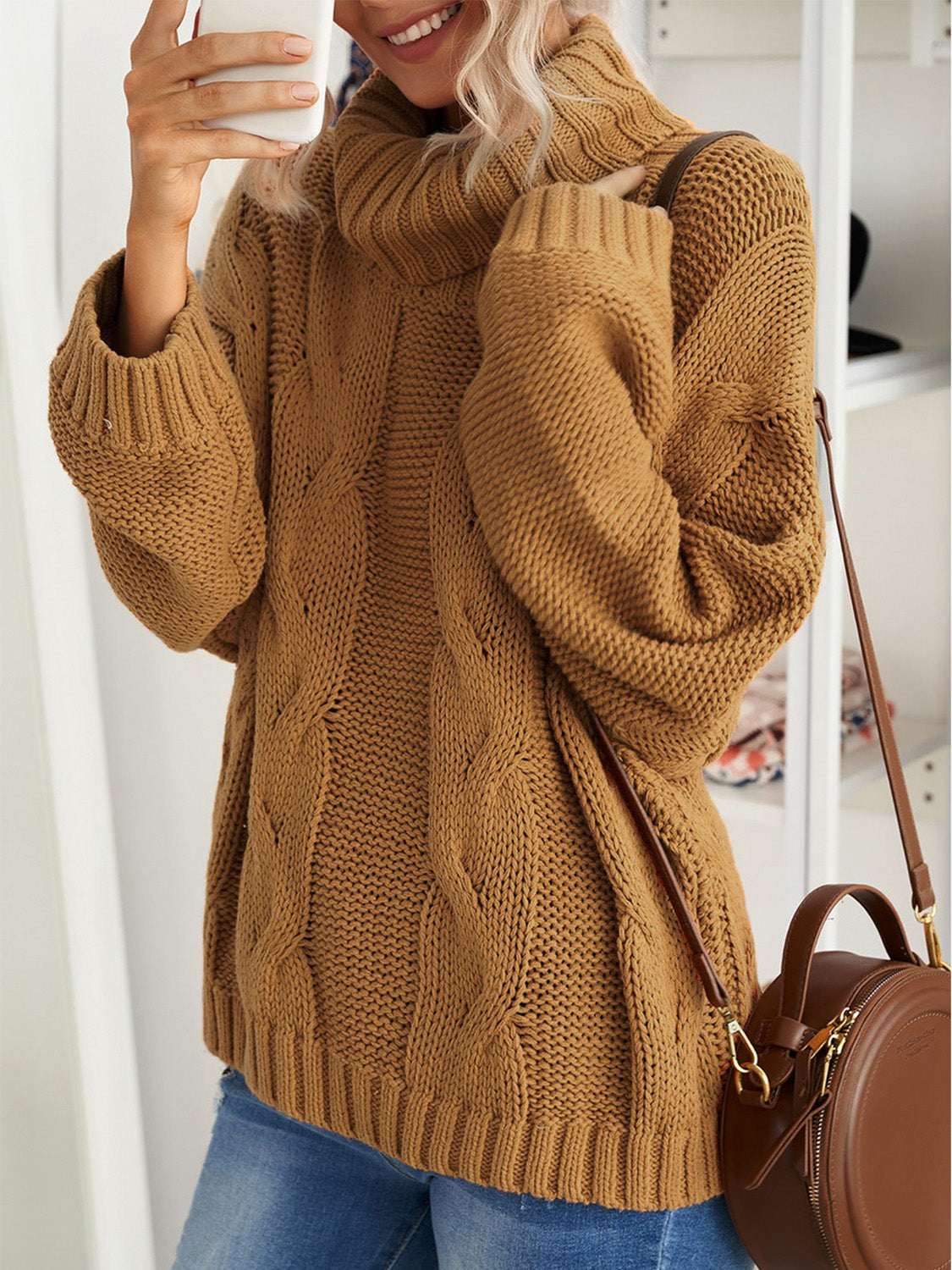 Cable-Knit Turtleneck Dropped Shoulder Sweater