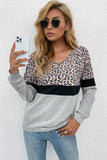 Leopard Color Block V-Neck Long Sleeve Top