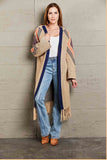 Double Take Geometric Fringe Hem Open Front Duster Cardigan