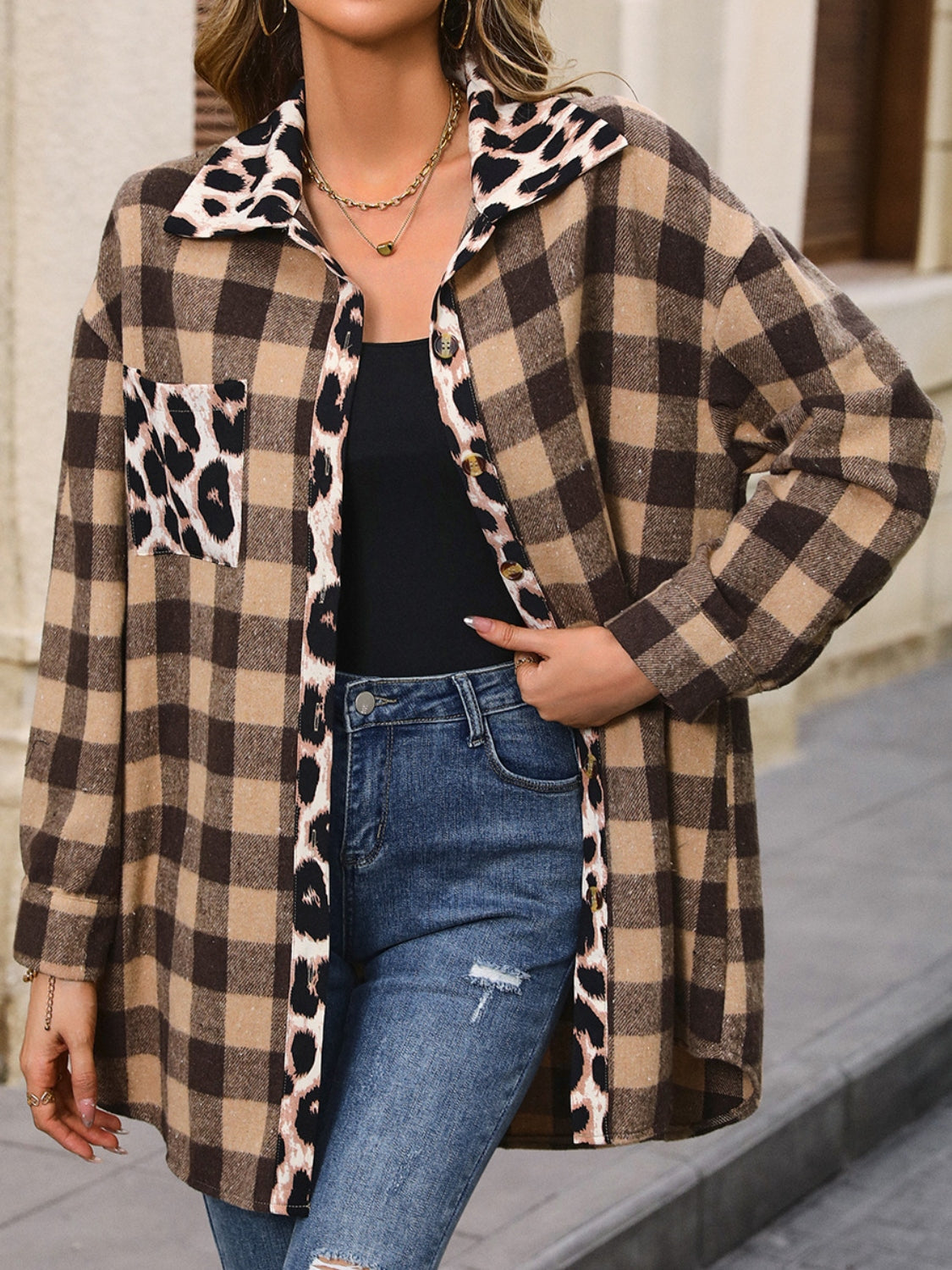 Plaid Button Up Dropped Shoulder Jacket