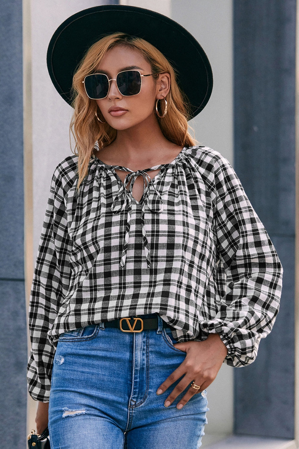 Plaid Tie Neck Balloon Sleeve Blouse