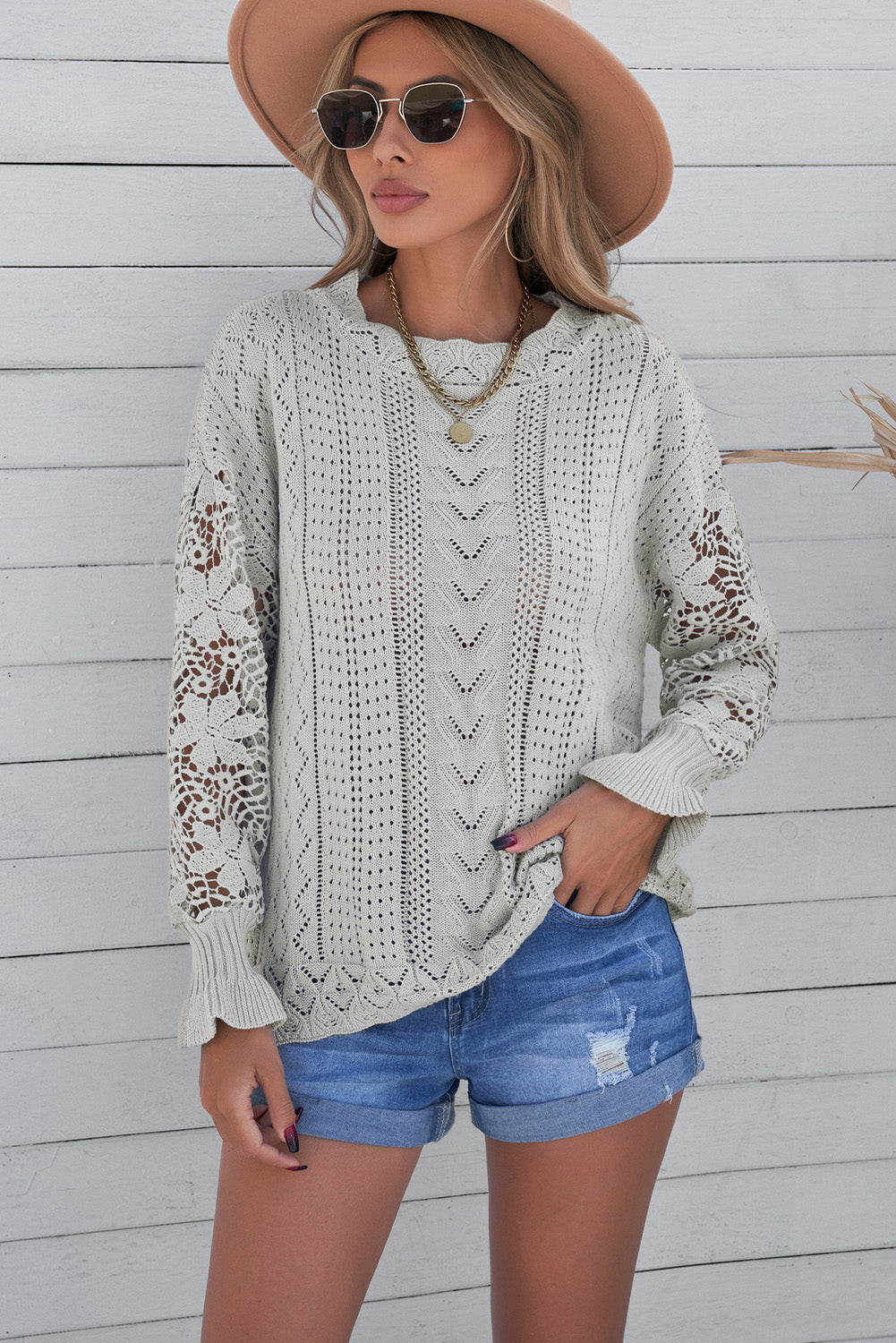 Openwork Lantern Sleeve Dropped Shoulder Sweater