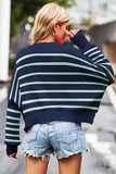 Striped Round Neck Drop Shoulder Slit Sweater