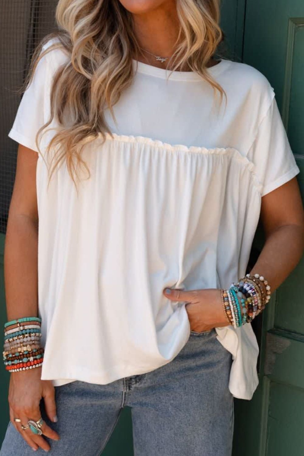 Frill Round Neck Short Sleeve T-Shirt