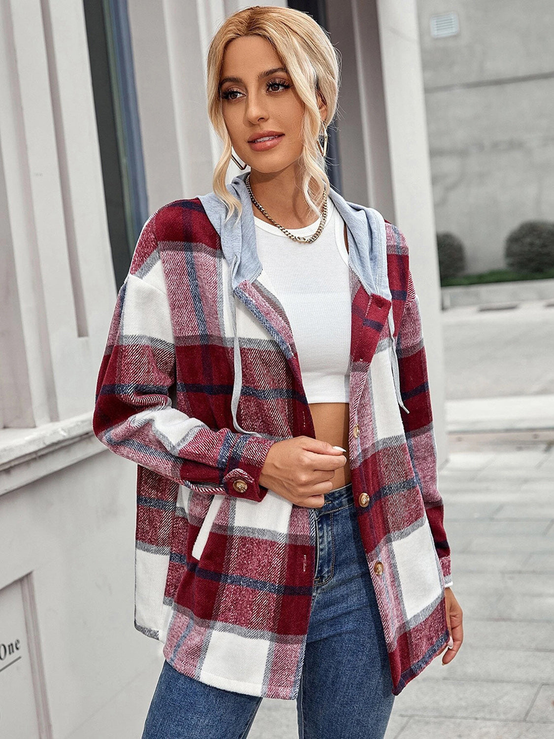 Plaid Hooded Jacket with Pockets