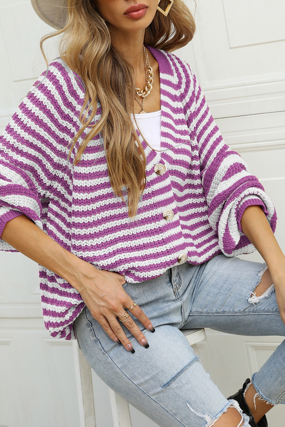 Striped Button Up Long Sleeve Cardigan