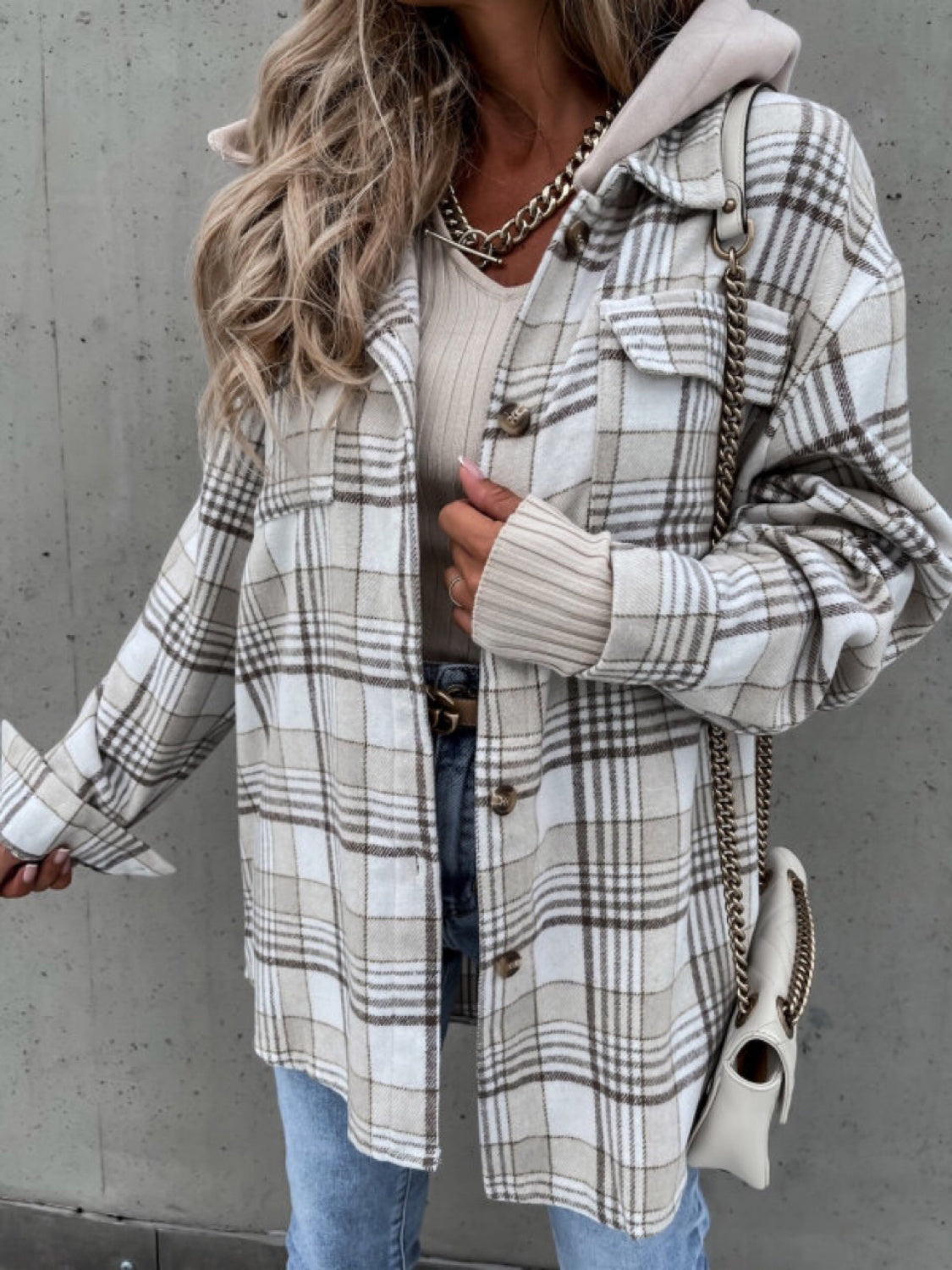 Plaid Dropped Shoulder Hooded Jacket