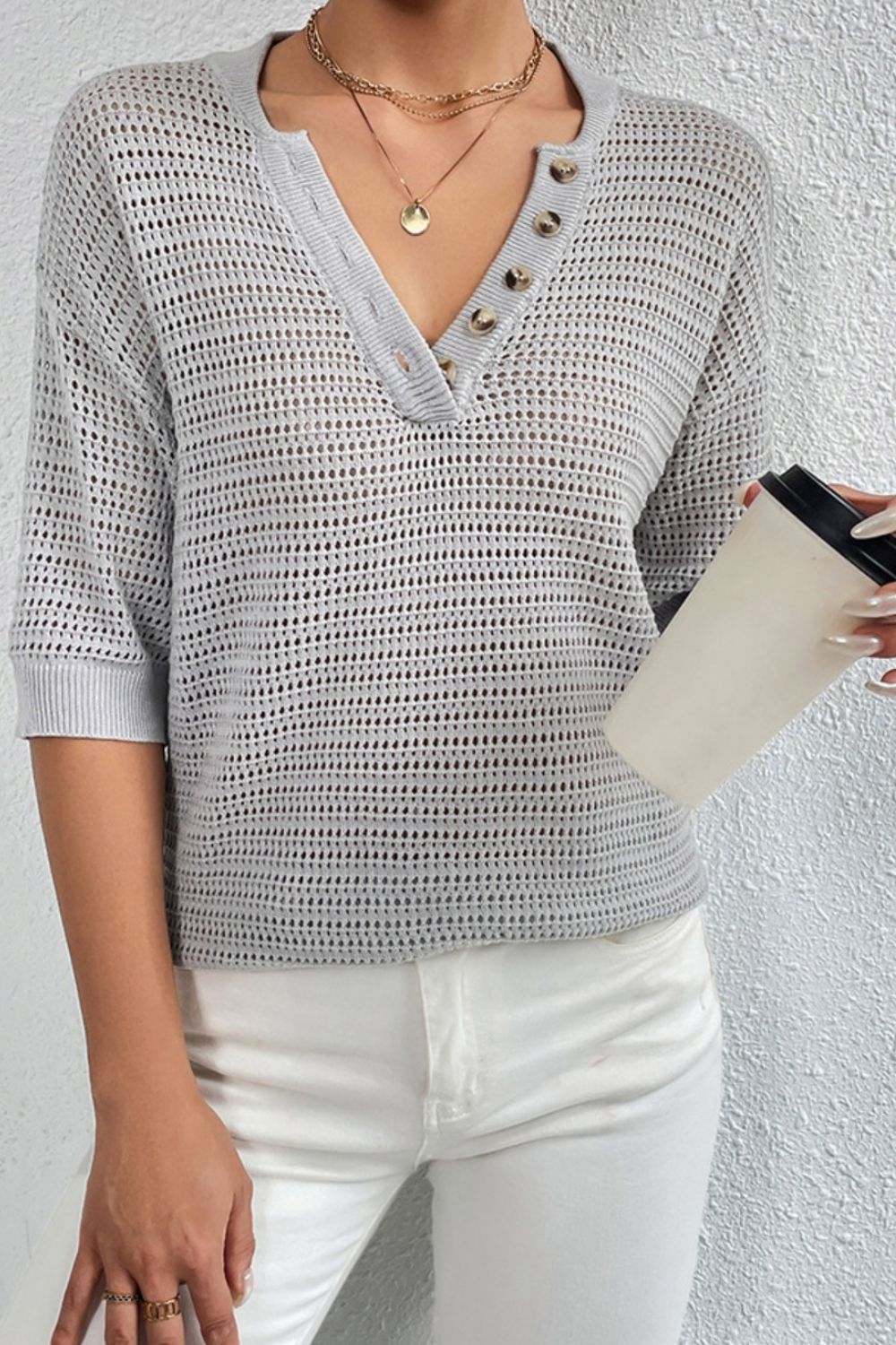 Openwork Half Button Dropped Shoulder Knit Top