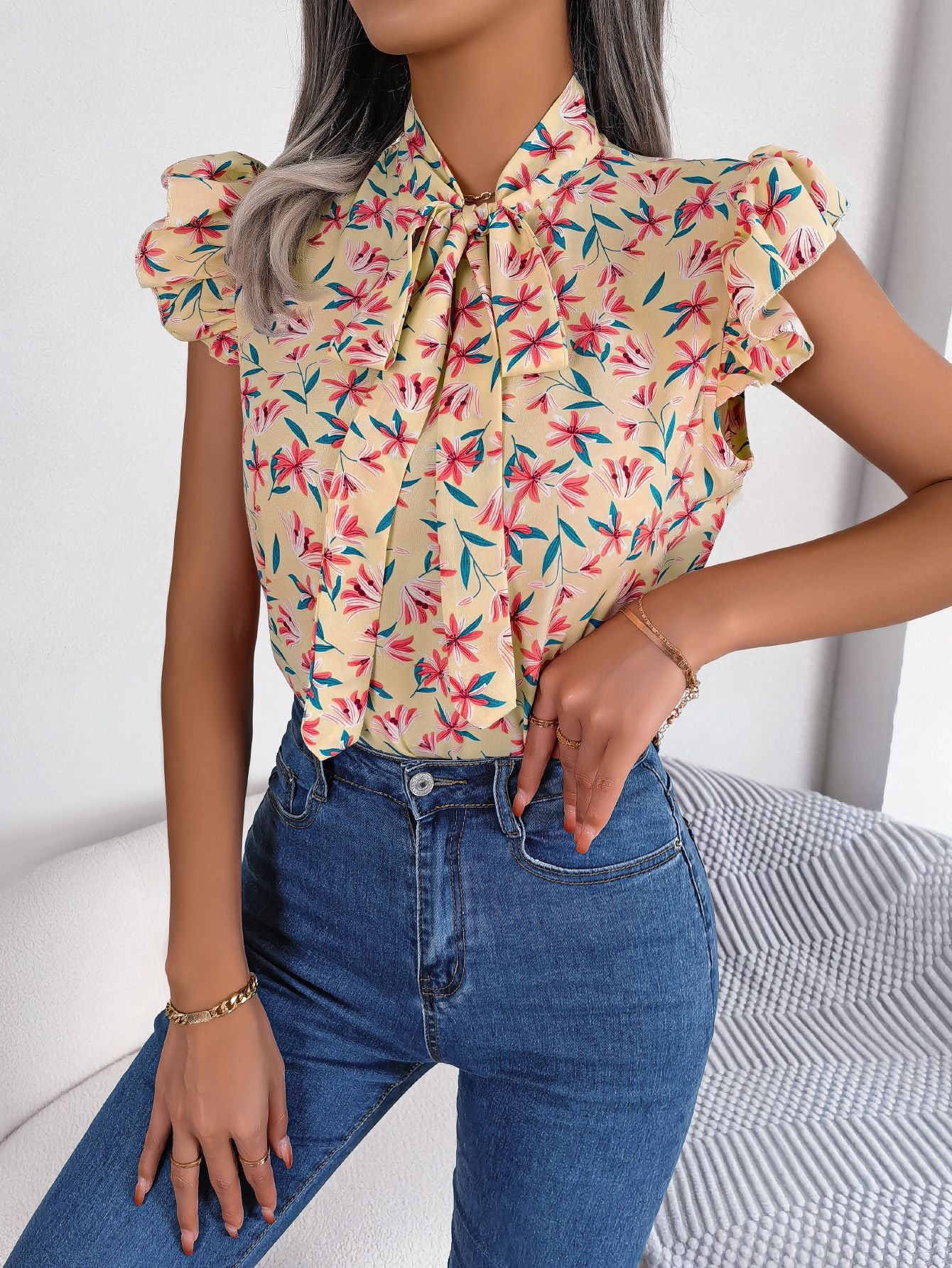 Floral Tie Neck Flutter Sleeve Blouse