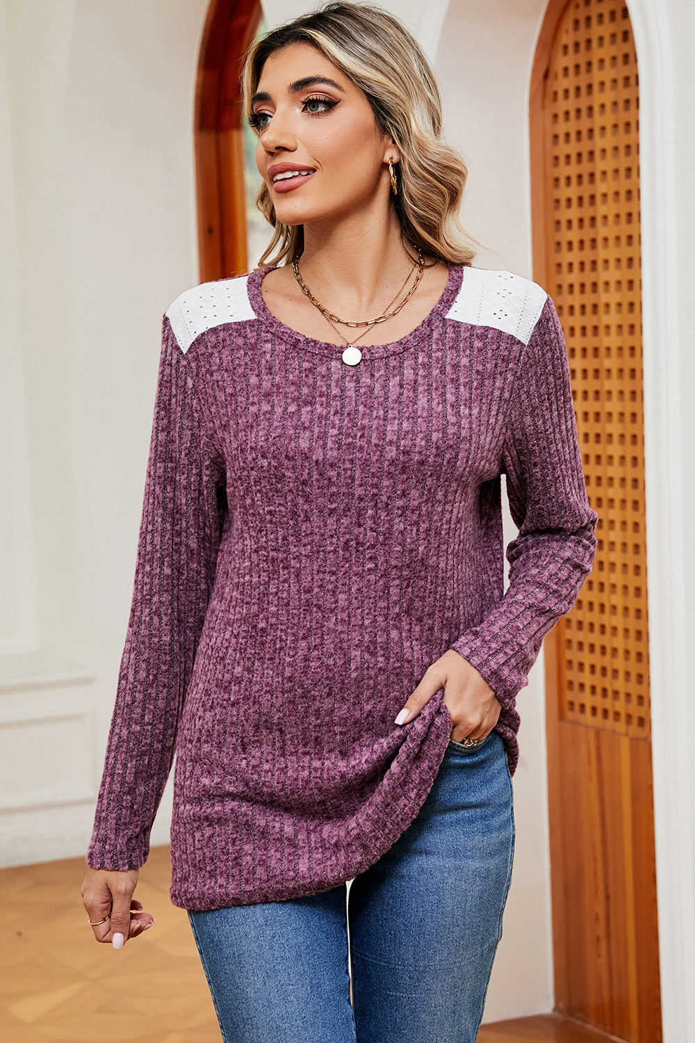 Eyelet Ribbed Round Neck Long Sleeve T-Shirt