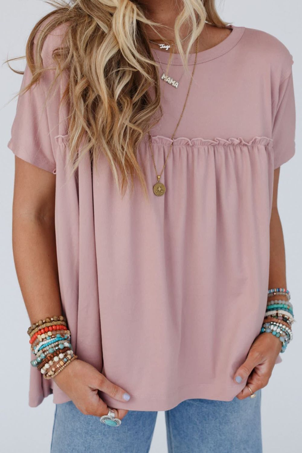 Frill Round Neck Short Sleeve T-Shirt