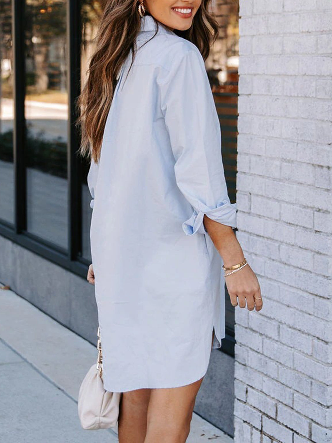 Button Up Collared Neck Long Sleeve Shirt Dress