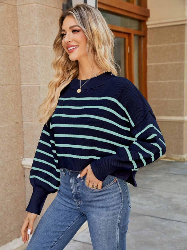 Round Neck Striped Lantern Sleeve Sweater