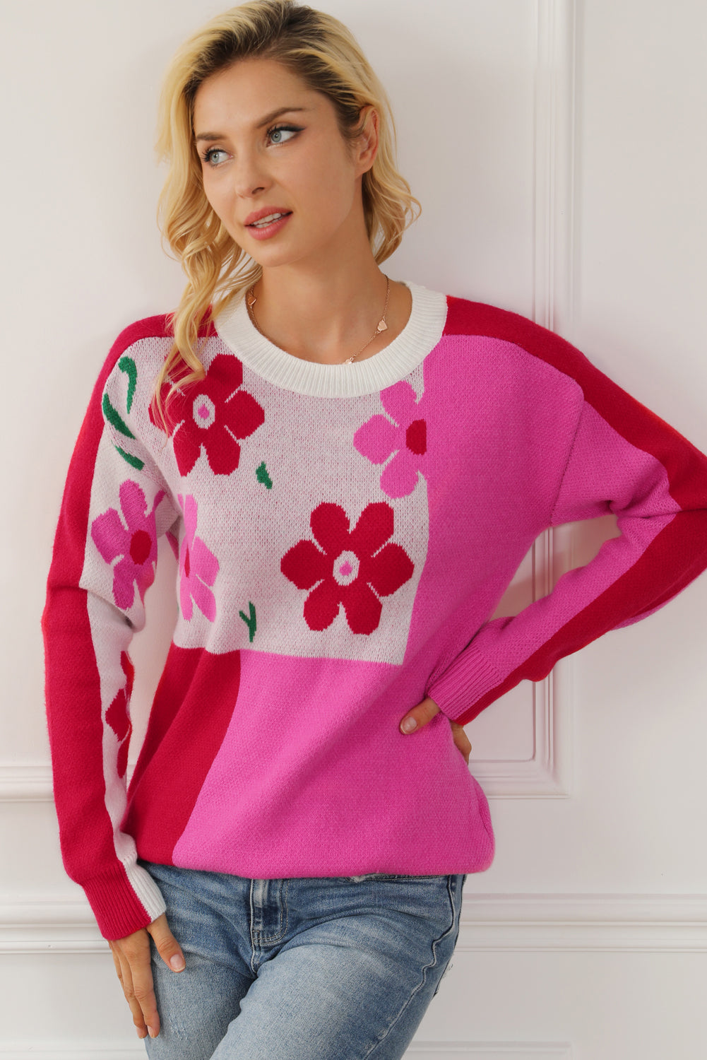 Floral Round Neck Dropped Shoulder Sweater