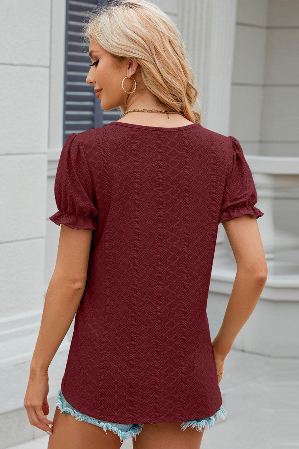 Eyelet Round Neck Flounce Sleeve T-Shirt