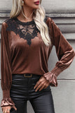 Lace Detail Round Neck Smocked Flounce Sleeve Blouse