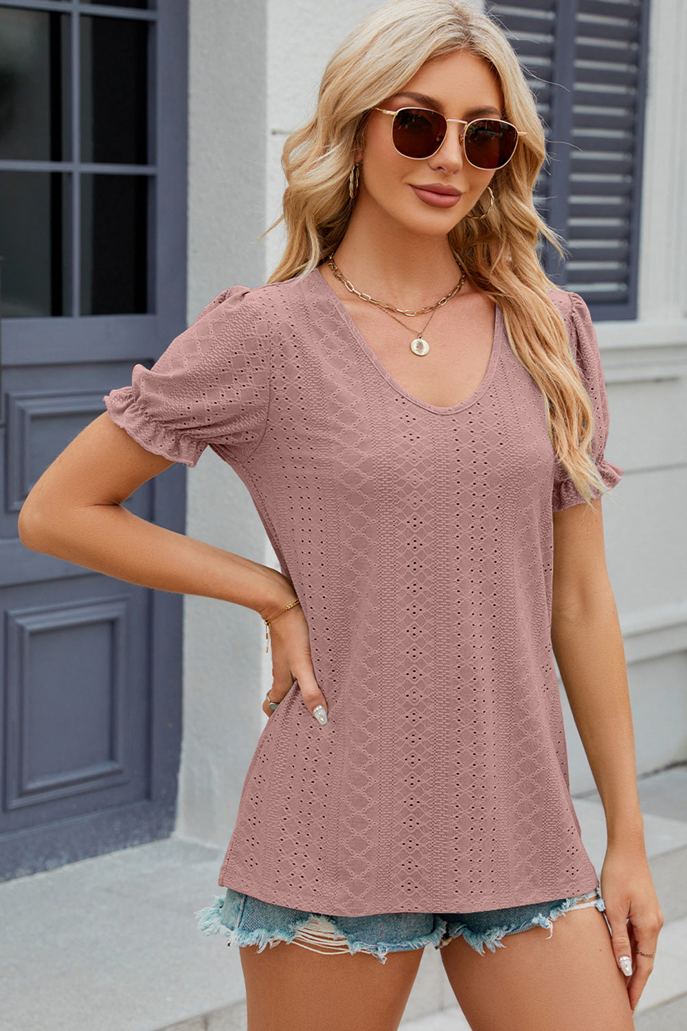 Eyelet Round Neck Flounce Sleeve T-Shirt