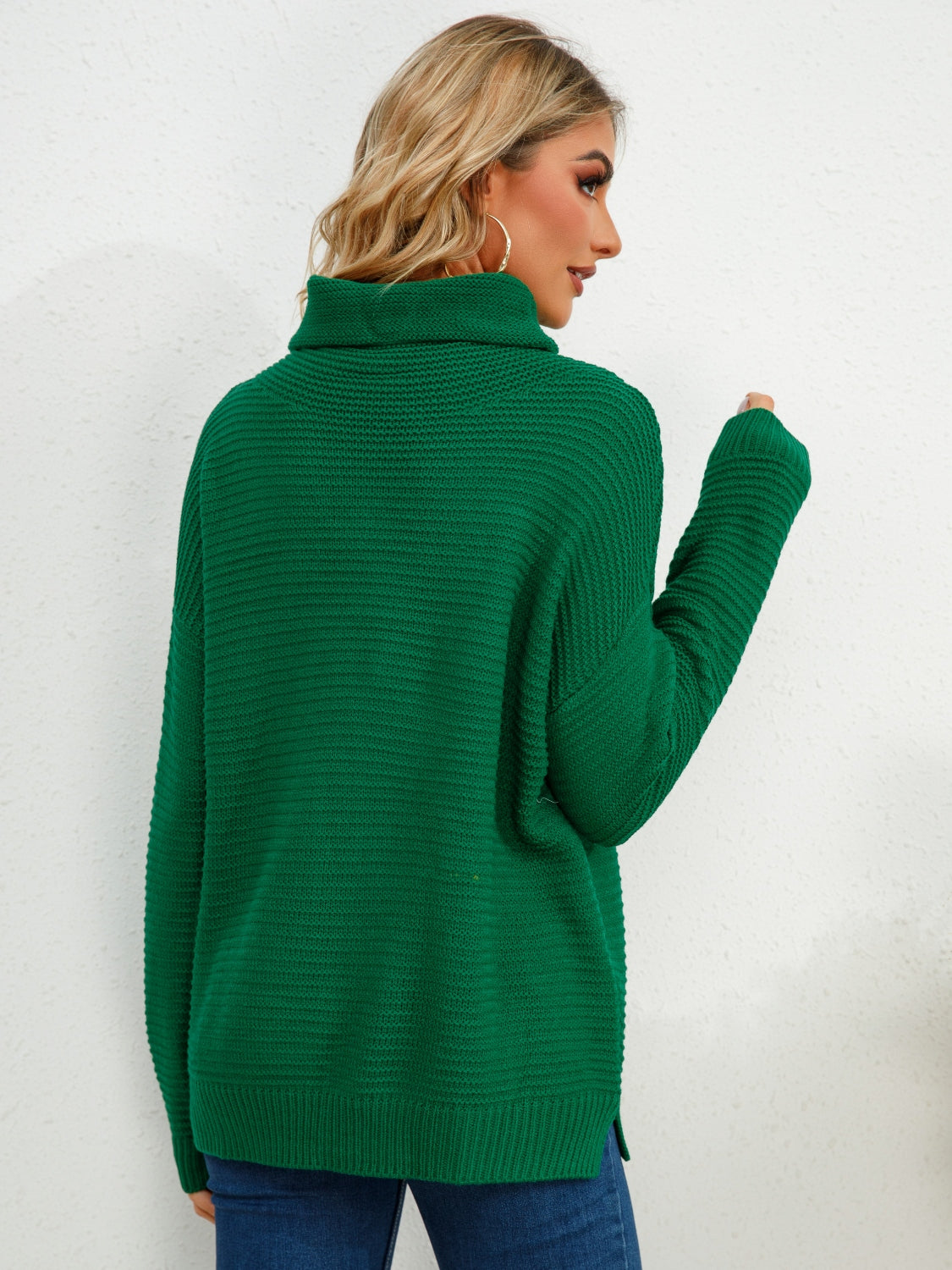 Slit Turtleneck Dropped Shoulder Sweater