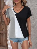 Color Block Decorative Button V-Neck Tee