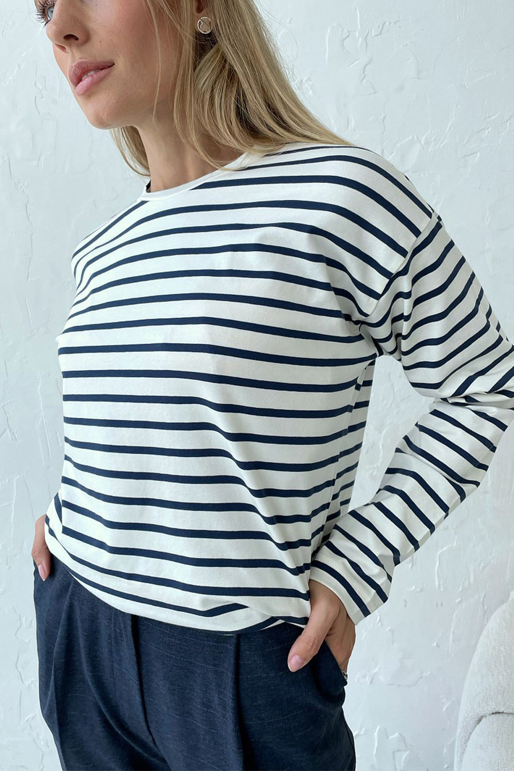 Round Neck Striped Dropped Shoulder T-Shirt