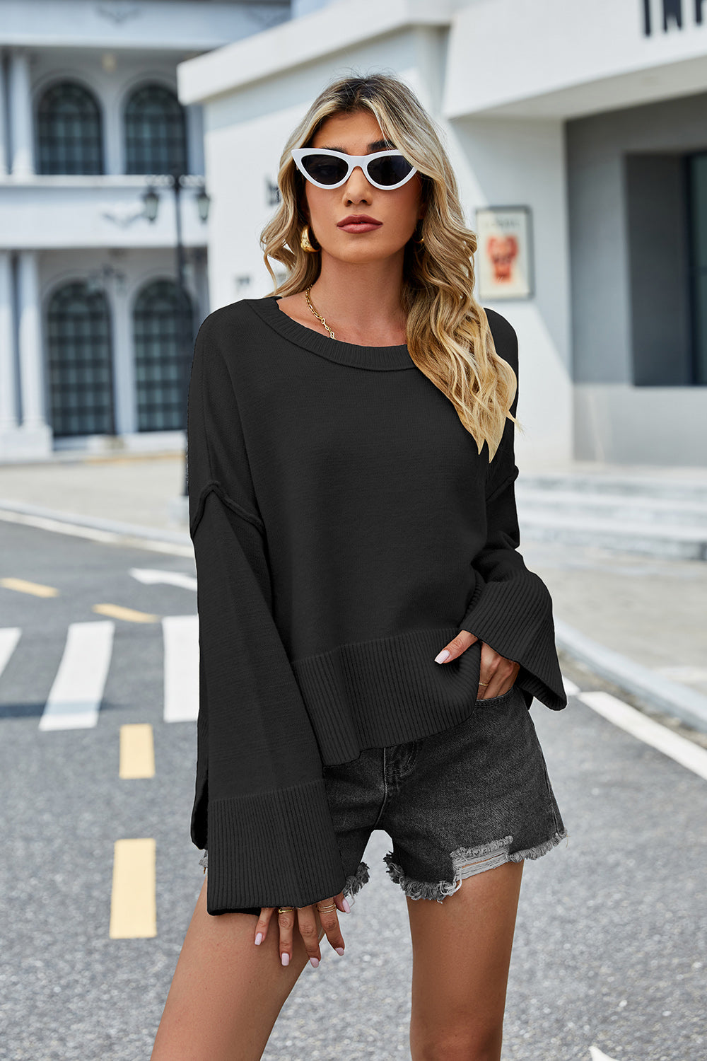 High-Low Slit Round Neck Long Sleeve Sweater