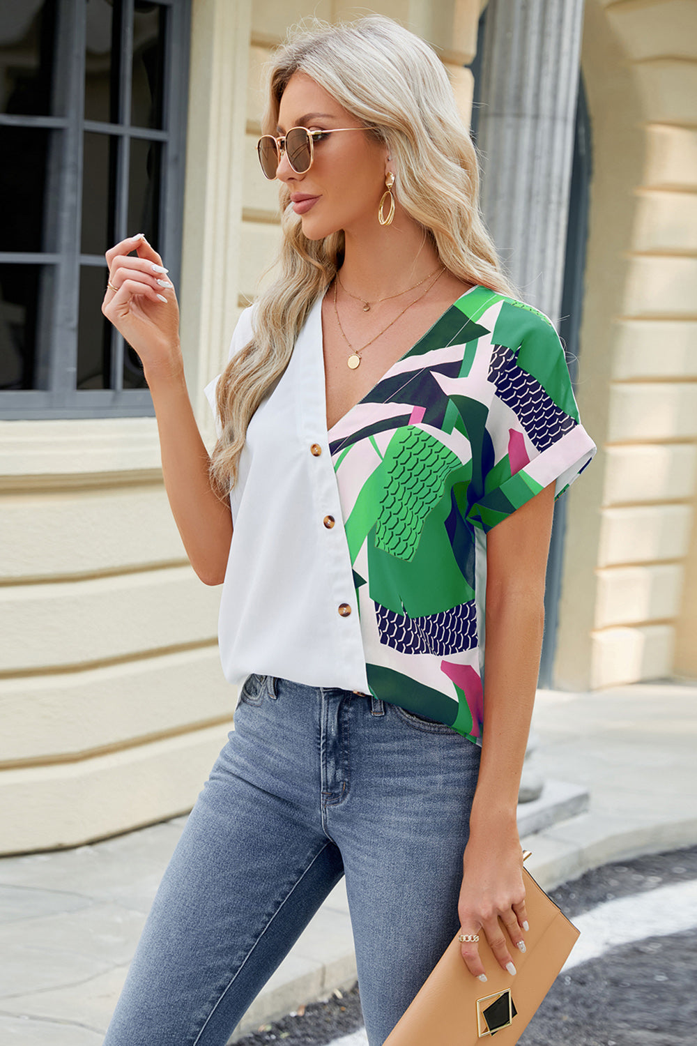 Printed Surplice Short Sleeve Blouse